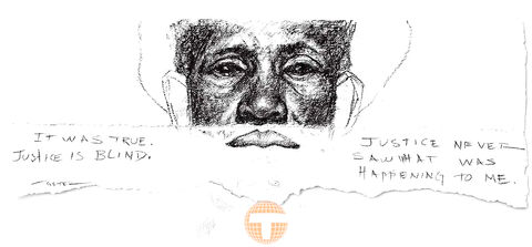 Charcoal drawing of a person with the text, Justice is blind. She never saw what was happening to me.