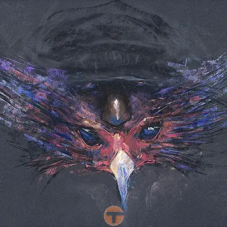 Symbolic figurative artwork by Tyrone Geter combining a bird and mask within a layered, expressive composition.
ct Tyrone Geter mixed media bird face artwork