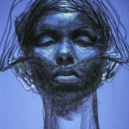 Black-and-white chalk drawing by Tyrone Geter of a young girl’s head rendered with strong tonal contrast and expressive detail.