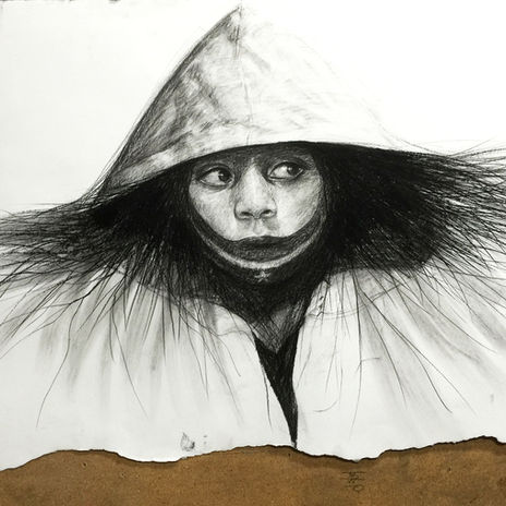 Charcoal portrait of a figure whose face and mouth appear restrained or obscured.