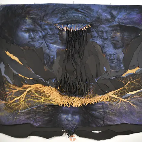 A figure stands among others yet remains visually separated. (emotional portrait, contemporary collage)