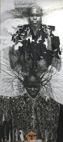 Two figures in abstract art. Tyrone Geter's work. Dark, monochrome color palette. TYRONEGETER.COM