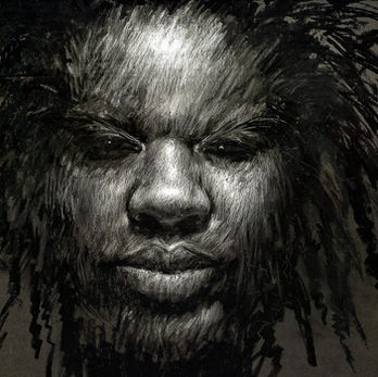 Charcoal portrait of a man with dreadlocks, face illuminated in silver tones, expression strong and intense. (Keywords: African American art, contemporary art, charcoal portrait, Rasta