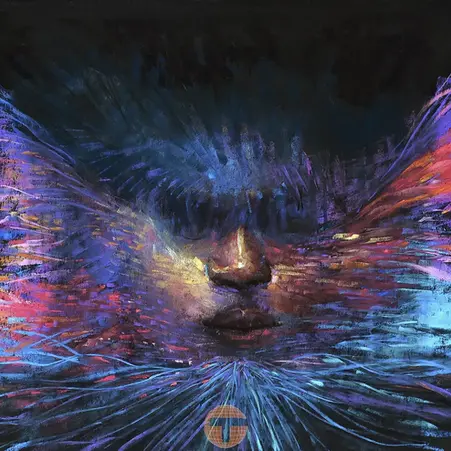 Expressive figurative artwork by Tyrone Geter combining a human figure with wolf-like imagery and layered forms.