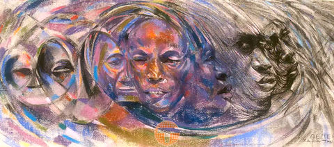 Abstract portrait painting, multiple faces in swirling colors and textures on canvas.