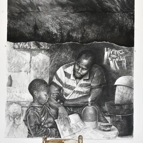 Two figures share an intense moment of teaching or realization. (charcoal drawing, interpersonal narrative)