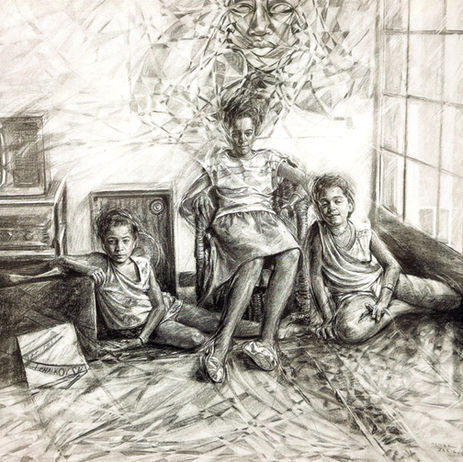 Sketch of a family in a museum art collection.