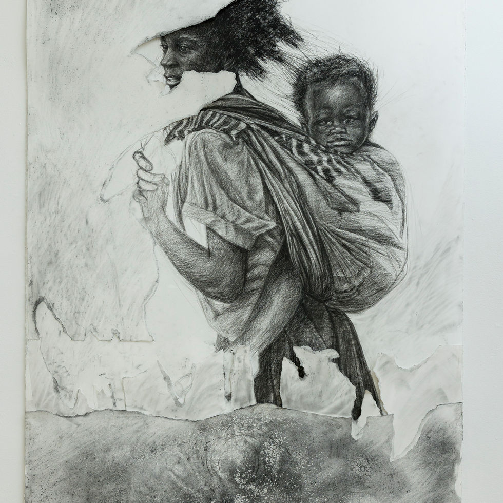 Pencil sketch of woman carrying child, black and white art, TYRONEGETER.COM.