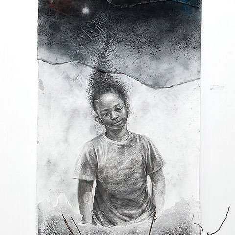 A child rests against organic, earth-toned textures, merging with natural forms of leaves and soil. (contemporary art, nature symbolism, collage)