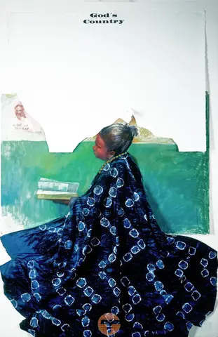 "God's Country" | Woman in blue patterned dress, text reads: