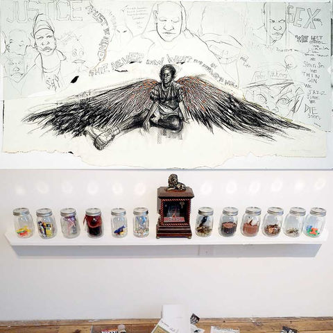 Artwork with drawing of angel and jars, Installations, TYRONEGETER.COM, modern art display