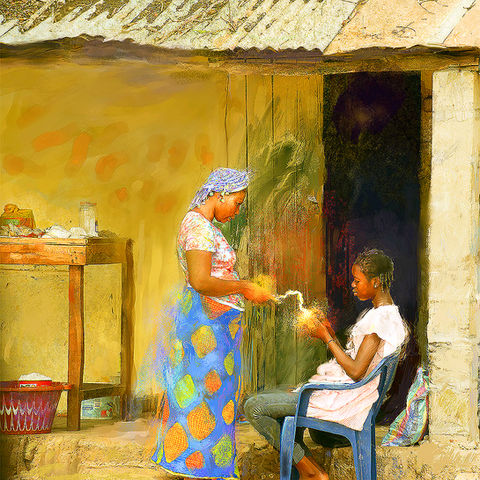 Elder passing symbolic wisdom to a child