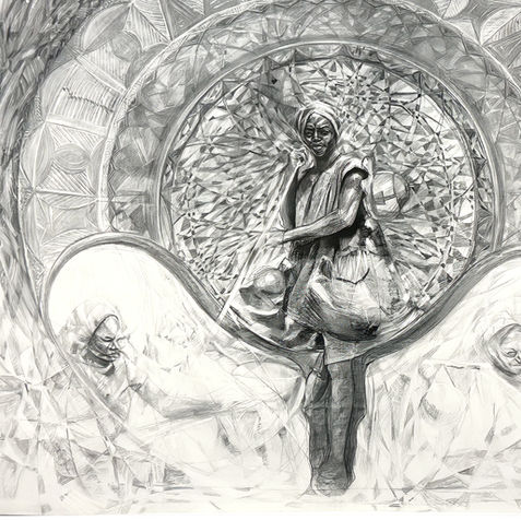 Charcoal drawing of a Fulani herdsman standing with quiet dignity in the landscape of northern Nigeria.