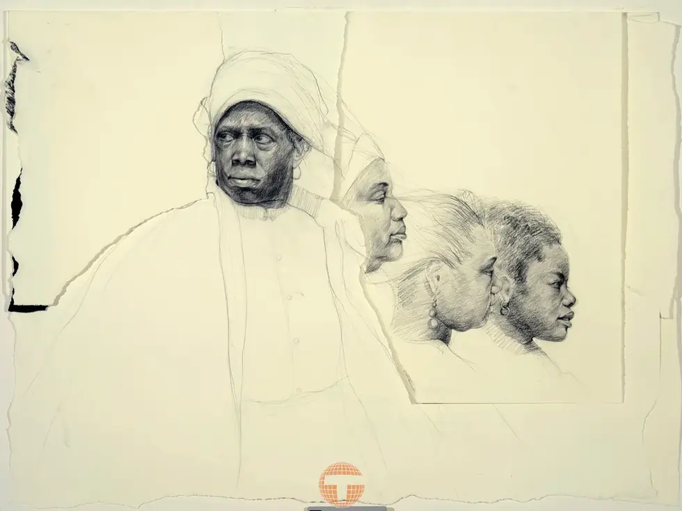 Drawing of Tyrone Geter's portrait at the Taft Museum, with multiple overlapping faces. TYRONEGETER.COM