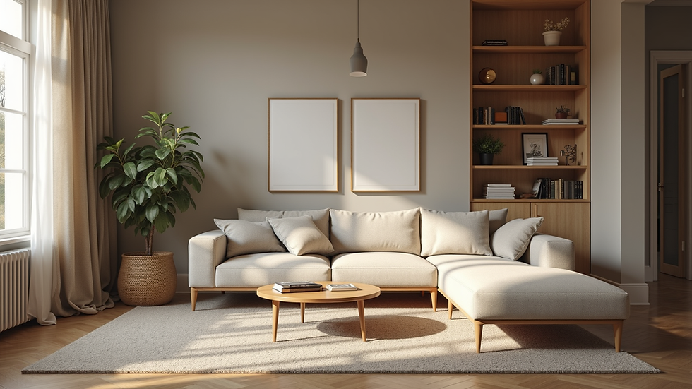 Wide angle view of a cozy living room with modern decor