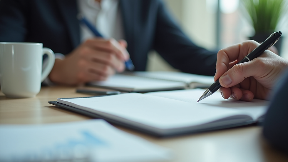 Close-up view of a notebook and pen during a consultation call