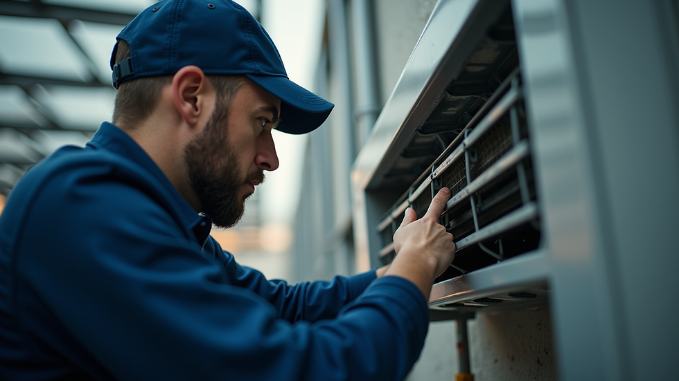 Eye-level view of HVAC technician inspecting air conditioning unit