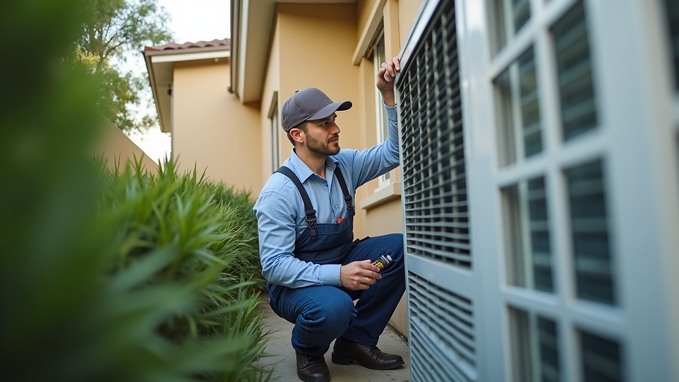 Eye-level view of a professional HVAC technician installing an air conditioning unit outside a residential home