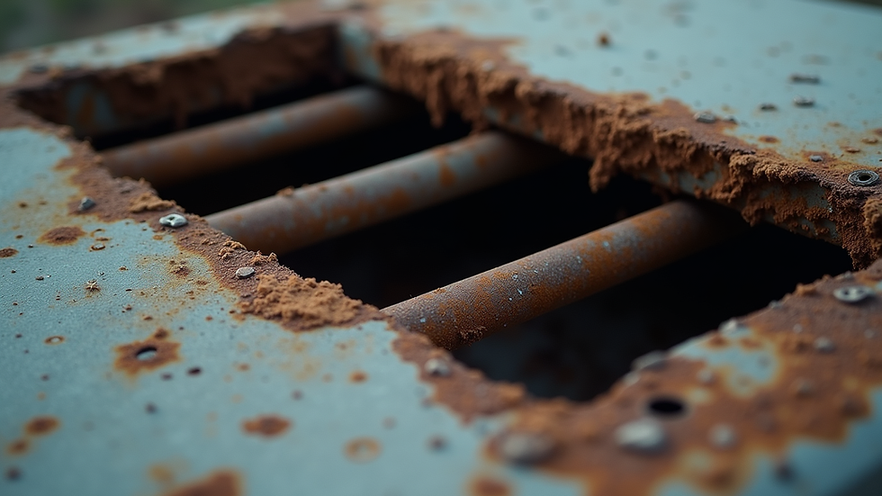 Close-up view of damaged air duct with visible rust and holes