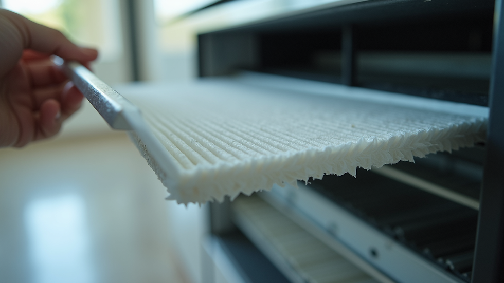 Close-up view of a clean air filter being installed in an air conditioning unit