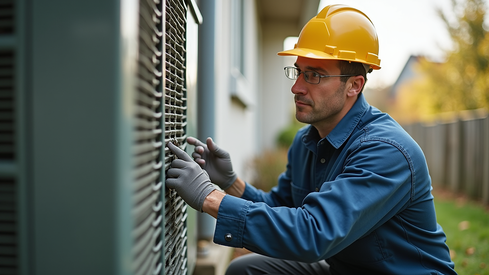 Eye-level view of a technician inspecting an air conditioning unit outside a home