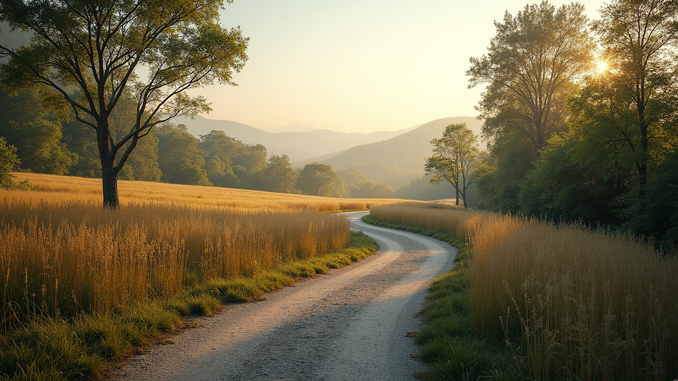 Close-up view of a serene landscape with a winding path through lush greenery