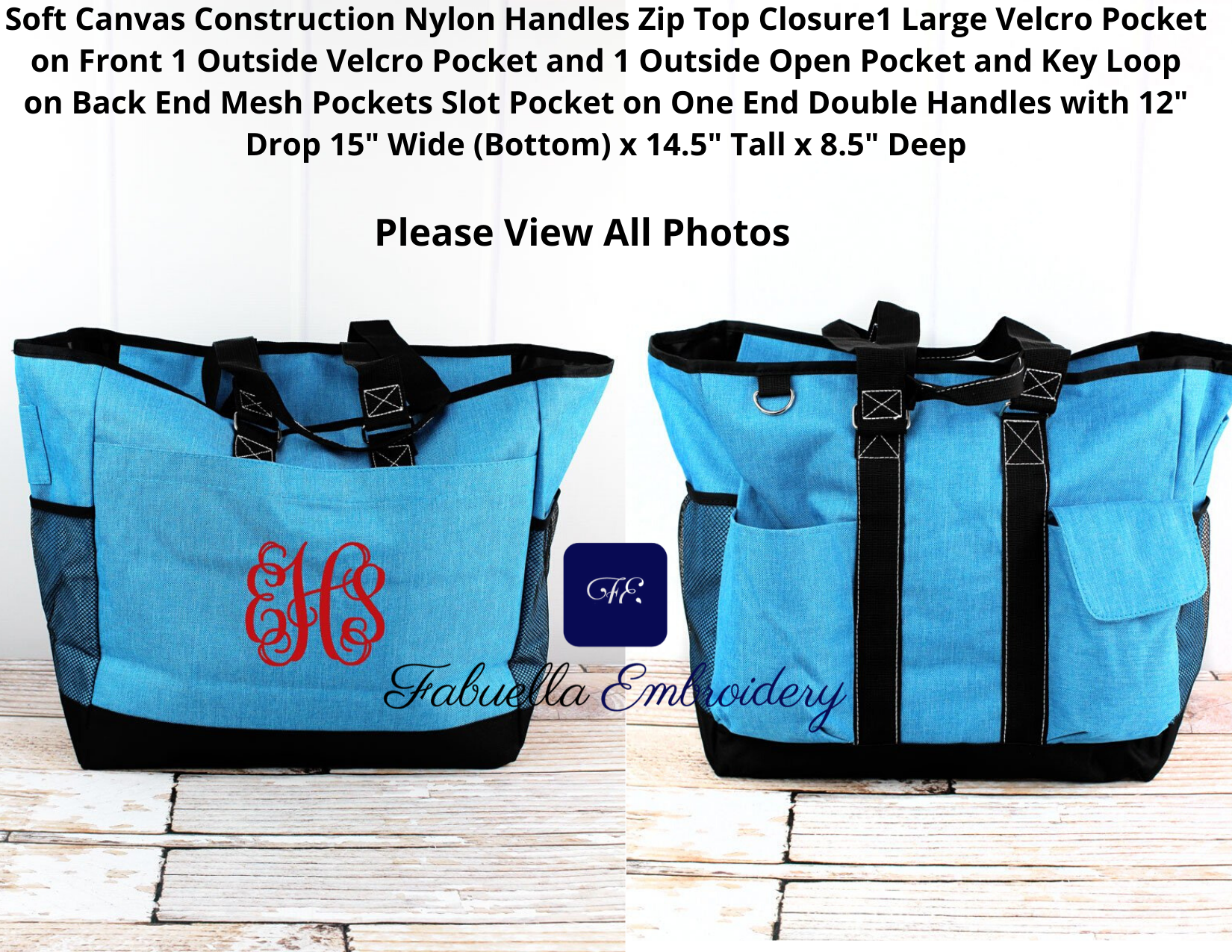 Monogrammed Tote Bag, Turquoise Sea Blue Crosshatch Everyday Organizer