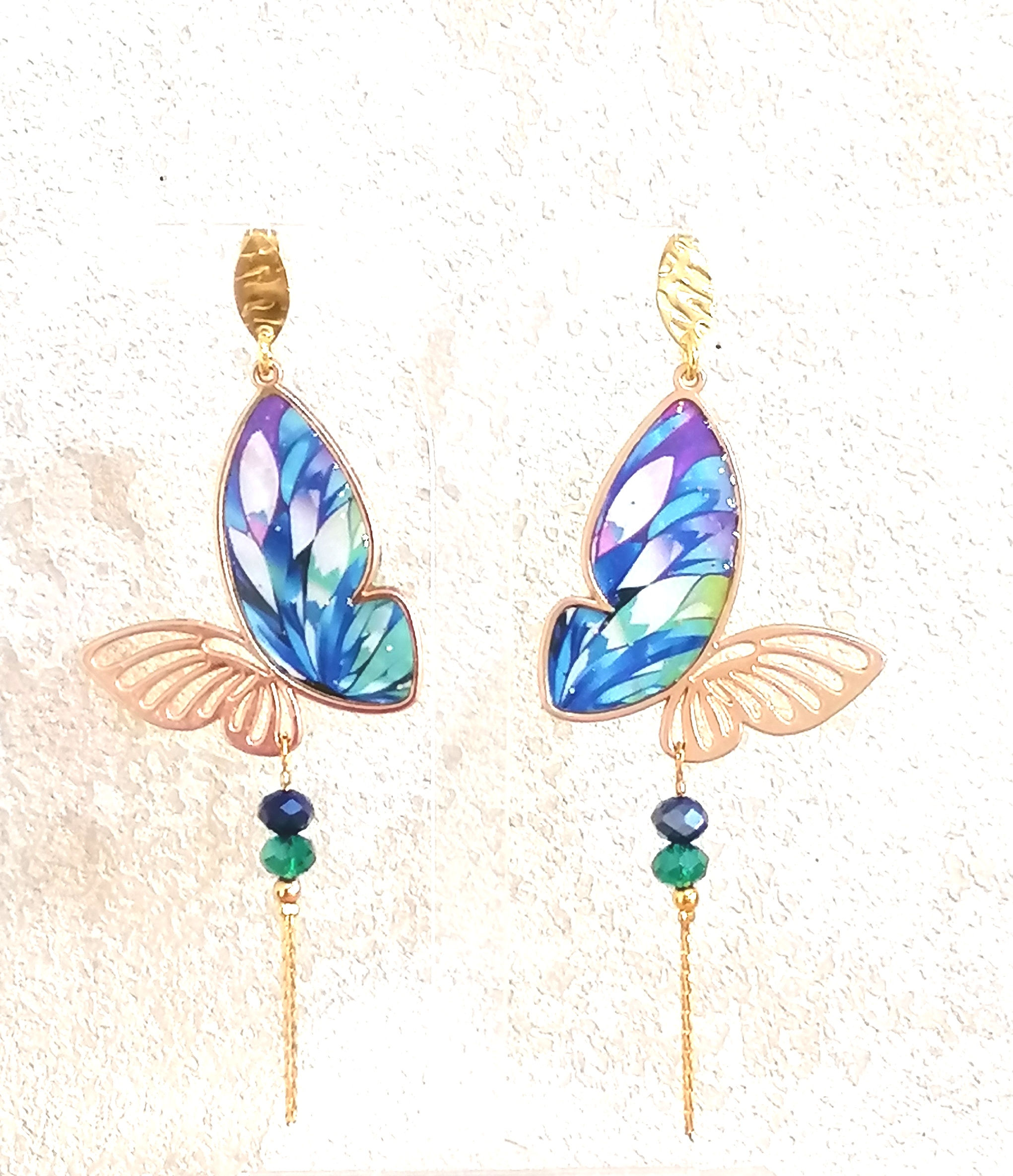 Boucles d'oreilles longues "Papillon Paradis"- bleu/vert/violet
