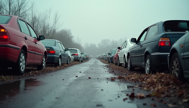 Eye-level view of a licensed scrap yard in Dartford with several cars waiting to be scrapped