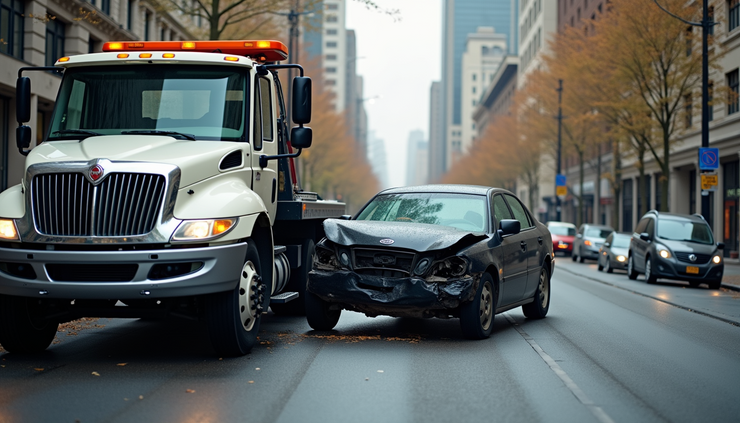 Eye-level view of a tow truck carefully loading a damaged car onto its flatbed