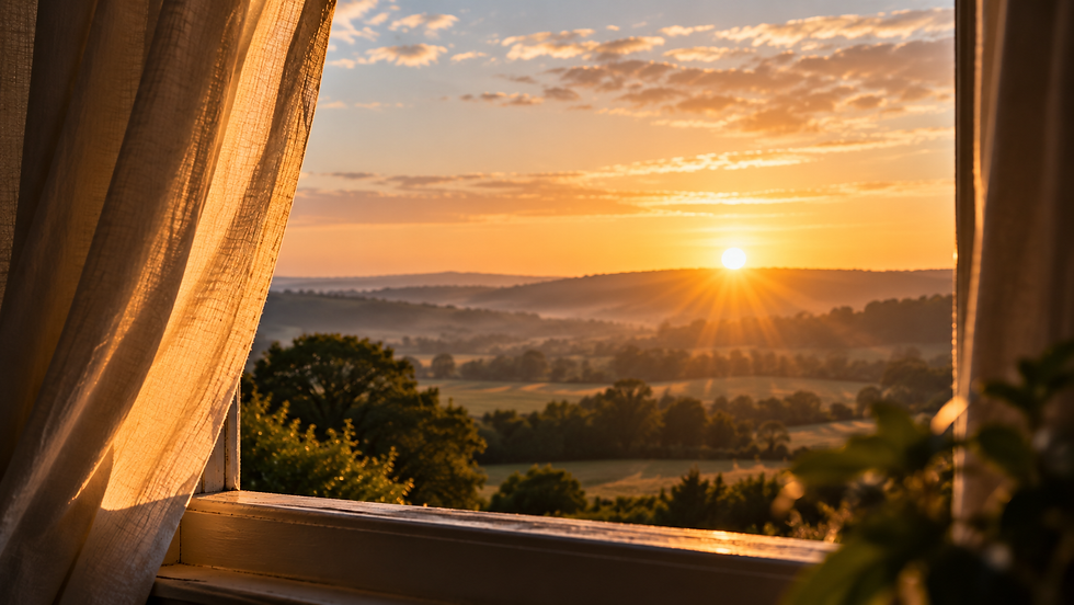 Sunrise over peaceful countryside, viewed through an open window with warm golden light streaming through the curtains.