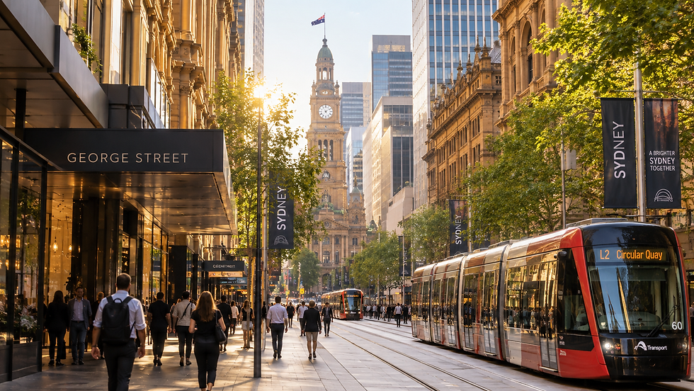 George Street in Sydney, Australia, with pedestrians and a tram travelling through the city centre.