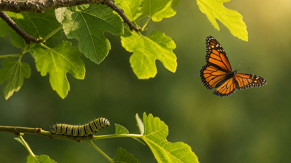 Fig branches and leaves, a caterpillar and a butterfly.