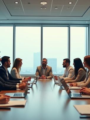 Konferenciaterem, körülbelül tíz ember ül tárgyalóasztal körül, üzleti megbeszélés. Nagy ablakokkal, világos szoba, laptopok az asztalon.