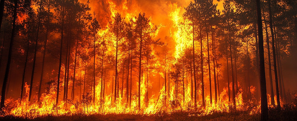 A striking image capturing the intensity of a forest fire, with towering flames consuming