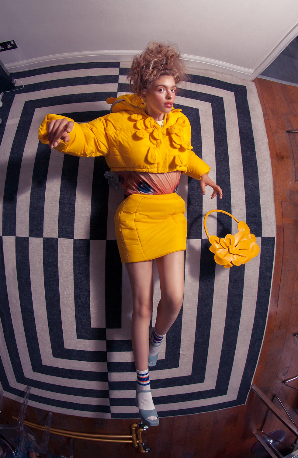 top, skirt and bag Samanta Virginio / t-shirt Meadham Kirchhoff x Topshop / earrings Aloë / shoes Octavia Foundation