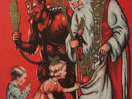 Old postcard depicting Saint Nicholas and Krampus visiting children