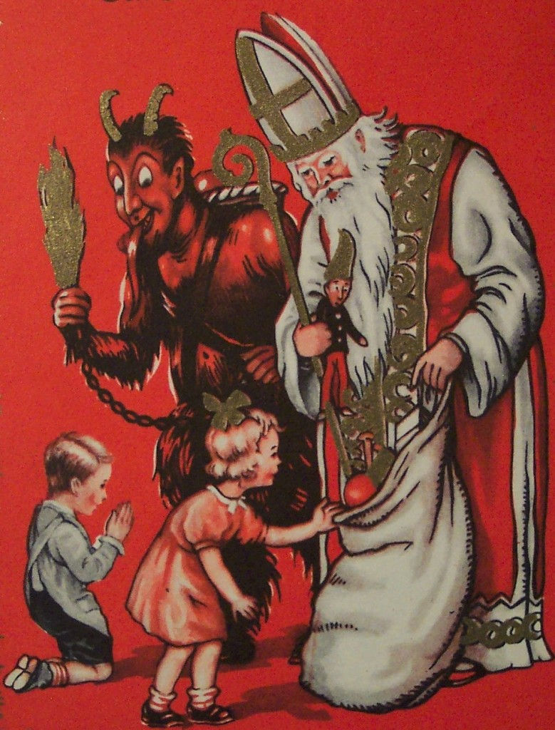 Old postcard depicting Saint Nicholas and Krampus visiting children
