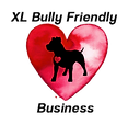 A silhouette of an XL Bully dog against a red love heart. It is a logo to show XL Bully friendliness of the business