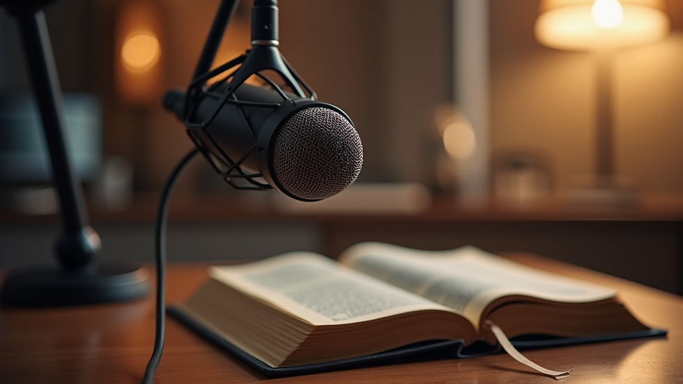 Eye-level view of a serene radio studio with a microphone and Bible
