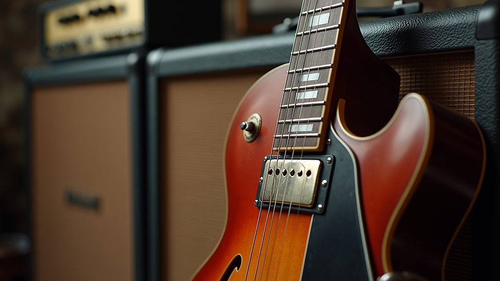 Close-up view of a guitar resting against a vintage amplifier