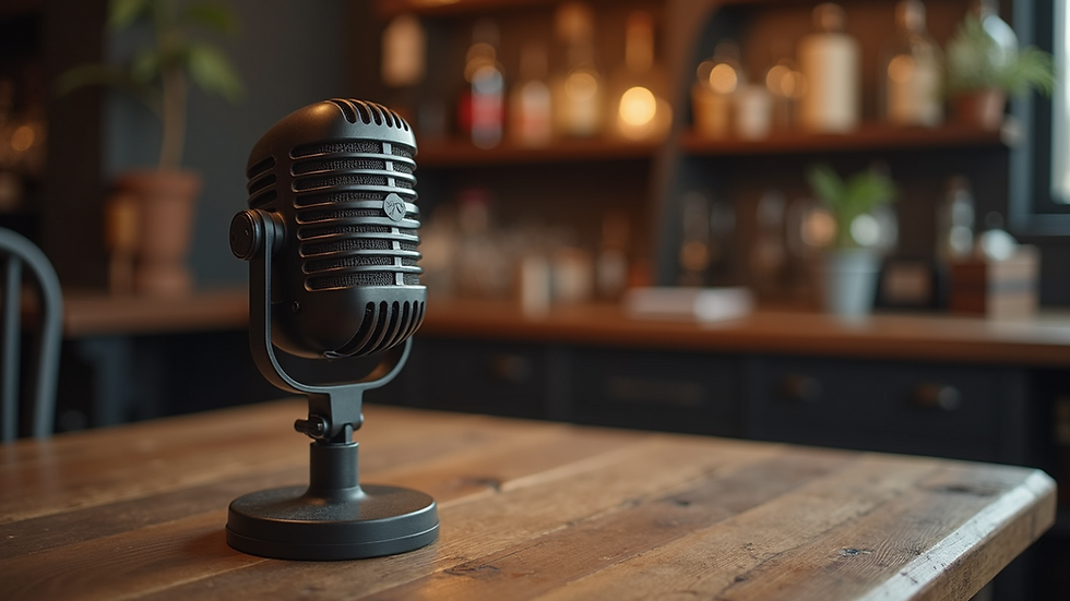 Eye-level view of a vintage microphone on a rustic wooden table