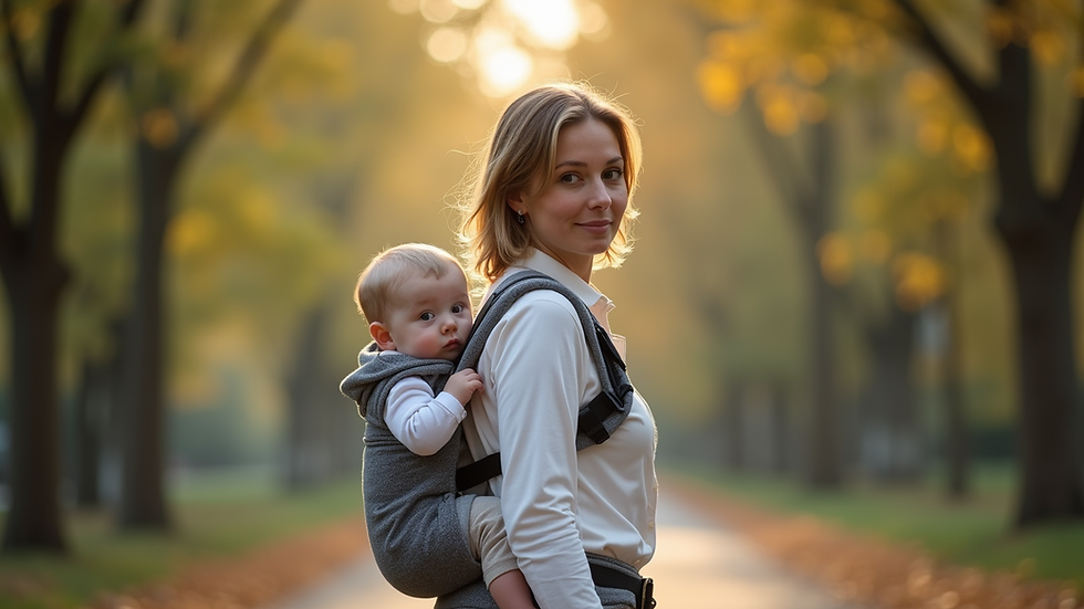Eye-level view of a mother wearing her baby in a soft structured carrier