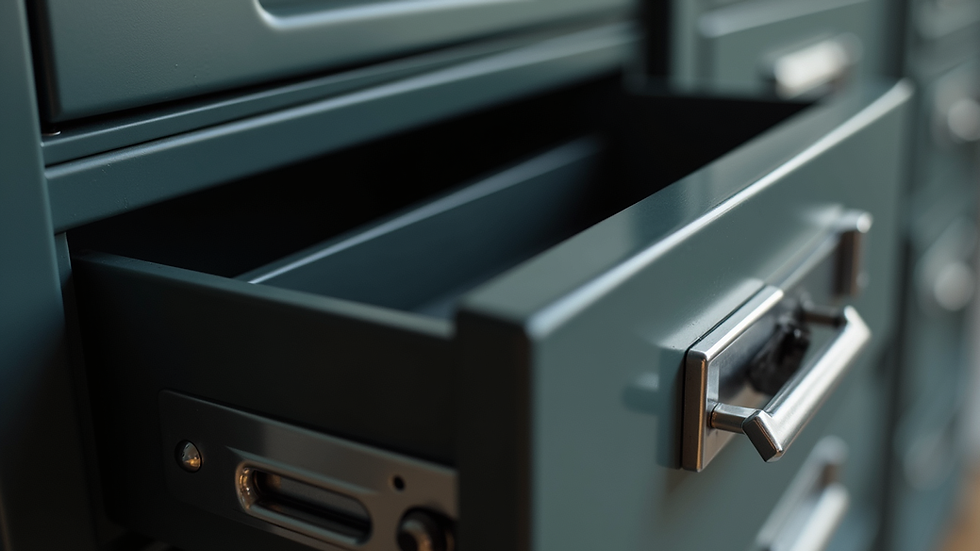 Close-up view of a Goodson cash drawer showing compartments and locking mechanism