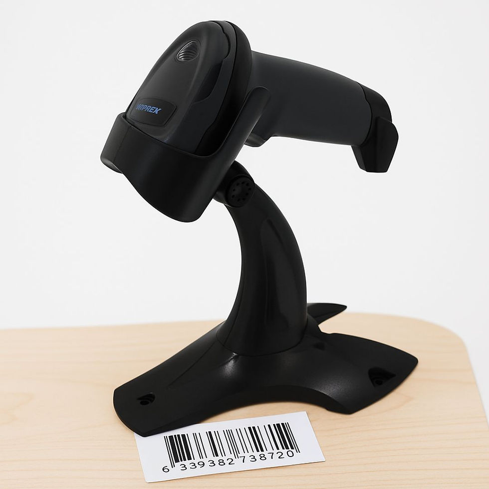 Wired handheld barcode scanner with stand scanning product barcode – ideal for small retail businesses