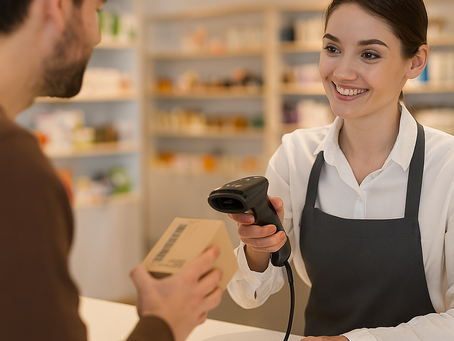 A cheerful female cashier in a retail store scans a product box using a handheld barcode scanner while smiling at a male customer. Neatly arranged shelves and soft lighting create a welcoming shopping environment.