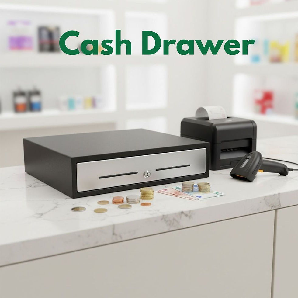Affordable cash drawer for small shops displayed on a retail counter with coins, banknotes, receipt printer, and barcode scanner – secure and reliable POS solution.