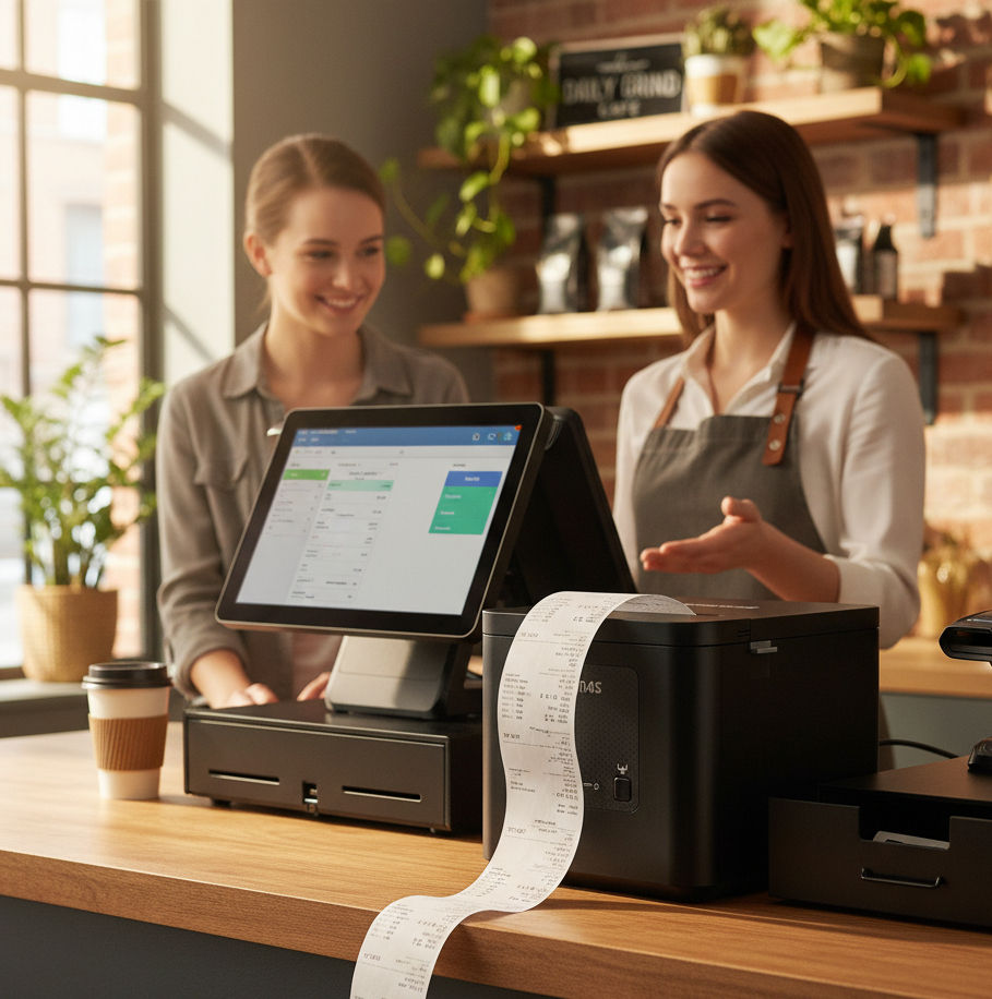 Thermal receipt printer printing a receipt at an Australian retail checkout counter with a POS system in use.