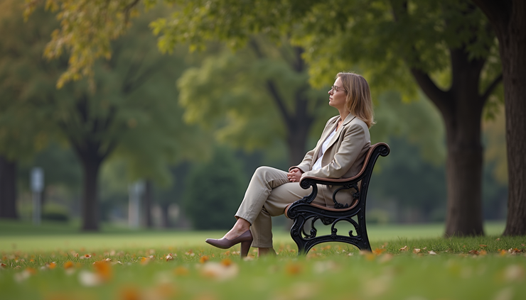 Eye-level view of a woman sitting alone on a park bench, looking thoughtful and reflective