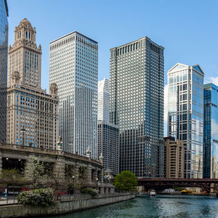Chicago commercial skyline and riverfront viewed from downtown.